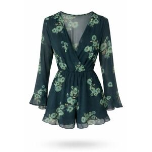 Meghan Los Angeles Floral Romper Green V-Neck Bell Sleeve Small Romper